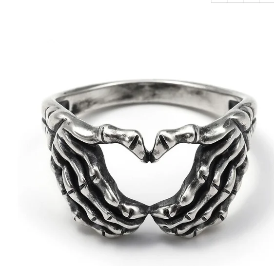 

Punk Hip Hop Hand Love Heart Shape Skeleton Rings For Men Gothic Ancient Silver Color Couple Women Party Gifts