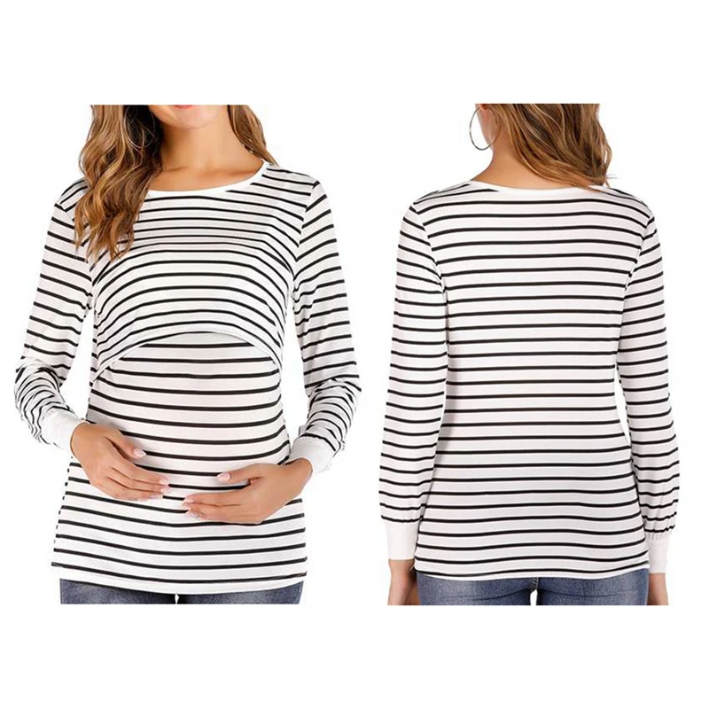 

Maternity T Shirt Women Mom Pregnant Nursing Baby Long Sleeve Striped Tops Breastfeeding T Shirt