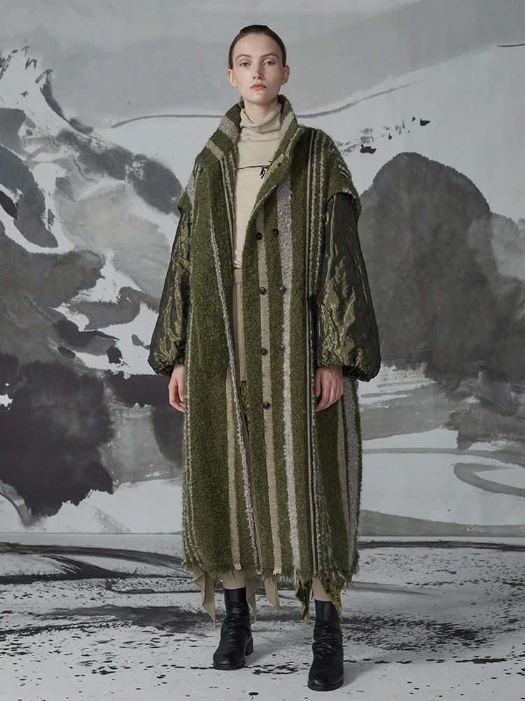 

Осень Зима 2019 Новая коллекция стоячий воротник оверсайз длинное Полосатое армейское зеленое шерстяное пальто для женщин