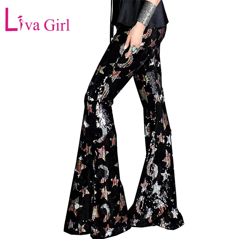 Брюки клеш Женские блестящие с высокой талией и блестками|Брюки| |