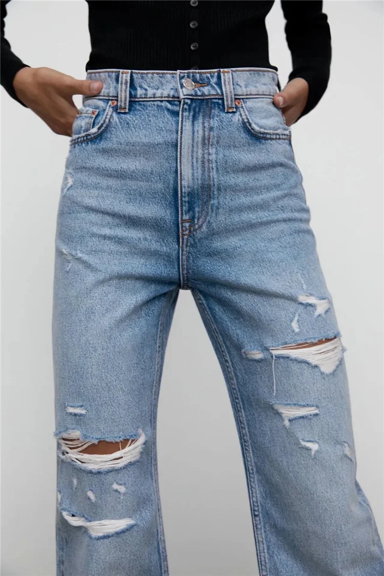 

waist slim leg length design High jeans spring new women's pants leisure simple fashion hole pants