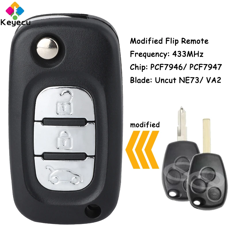 

KEYECU Modified Flip Remote Key Fob 433MHz PCF7946 / PCF7947 Chip for Renault Kangoo II Clio III Duster Modus Twingo DACIA Logan