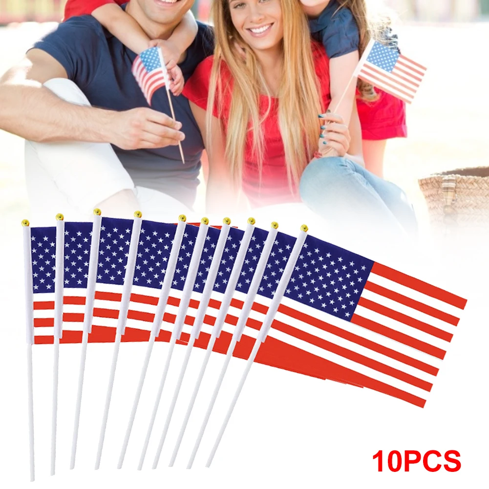 

10pcsmini American Flag Hand Held With Pole Sleeve Stars Stripes Banner Style For 4th Of July Independence Day Decor Accessories