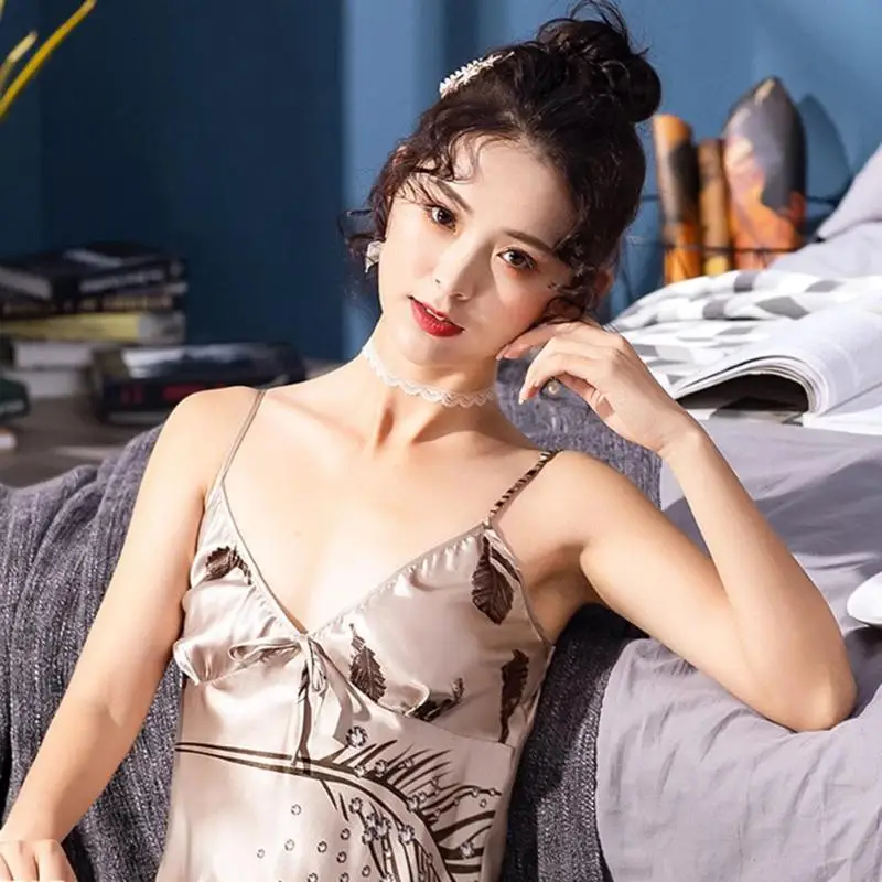 2019 Новый Шелковый ночной Для женщин принт полиэстер v образный Вырез Летняя