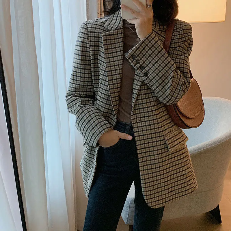

Classic Plaid Business Interview Suits Ladies Work Office Ladies Long Sleeve Blazer