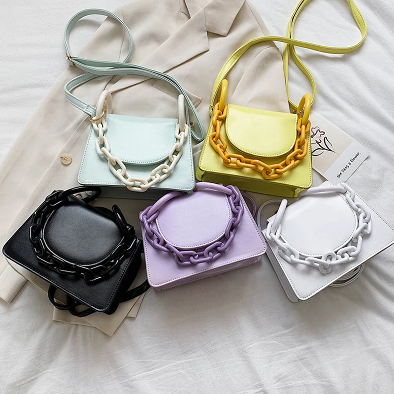 

PU Magnetic Buckle Soft-Faced Handbag Women Vacation Square Handbag Woman Solid Simple Acrylic Chain Crossbody Bag Women