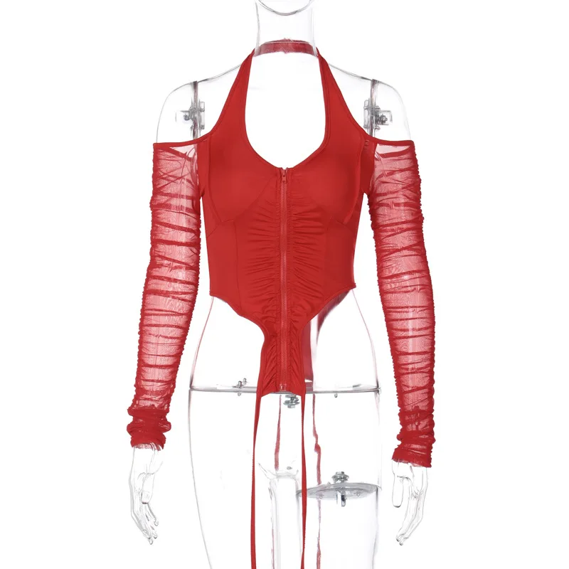 

New summer cool net yarn stitching hanging neck vest hot girl style zipper cardigan slim T-shirt top