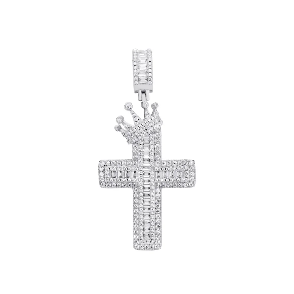 

P&Y Custom S925 Hip Hop Crown Women Necklace Pendant Baguette Diamonds Iced Out 14K White Gold Plated Cross Pendant For Men