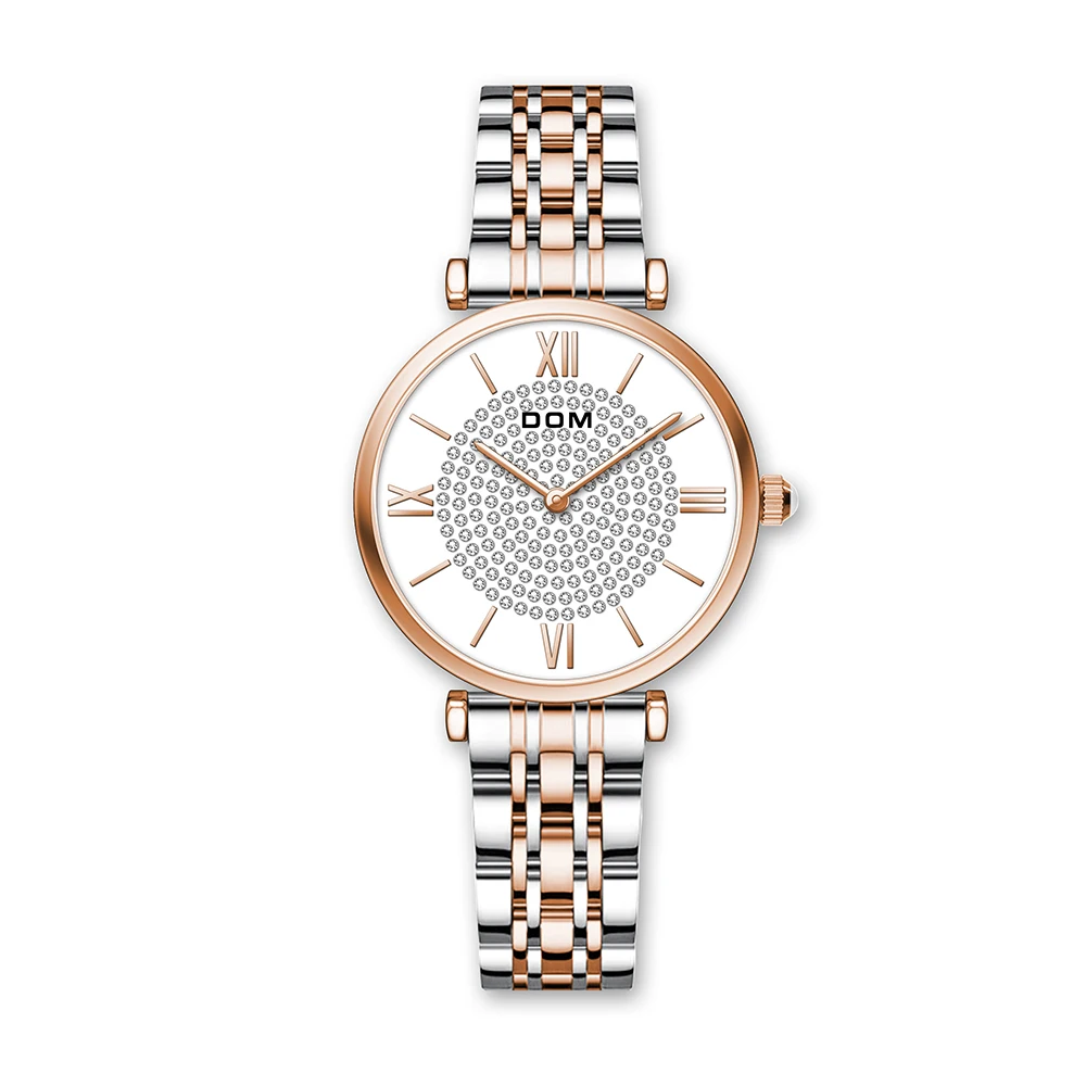 

DOM ladies watch fashion luxury trend full diamond leisure waterproof swimming stainless steel strap female watch G-1342