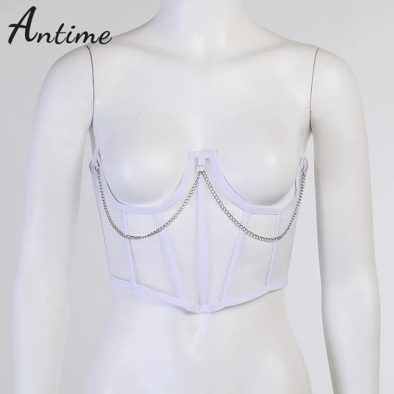 

Antime Mesh See Through Black Tube Corset Crop Top Party 2021 Summer Women White Sleeveless Sexy Skinny Lace Up Tank Tops