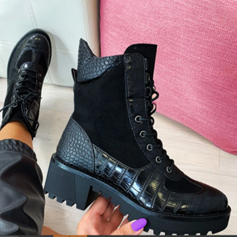 

Women Waterproof Platform Boots Women's Leather Ankle Boots Female Lace Up Mid Heel Ladies Causal Shoes Woman Fashion Footwear
