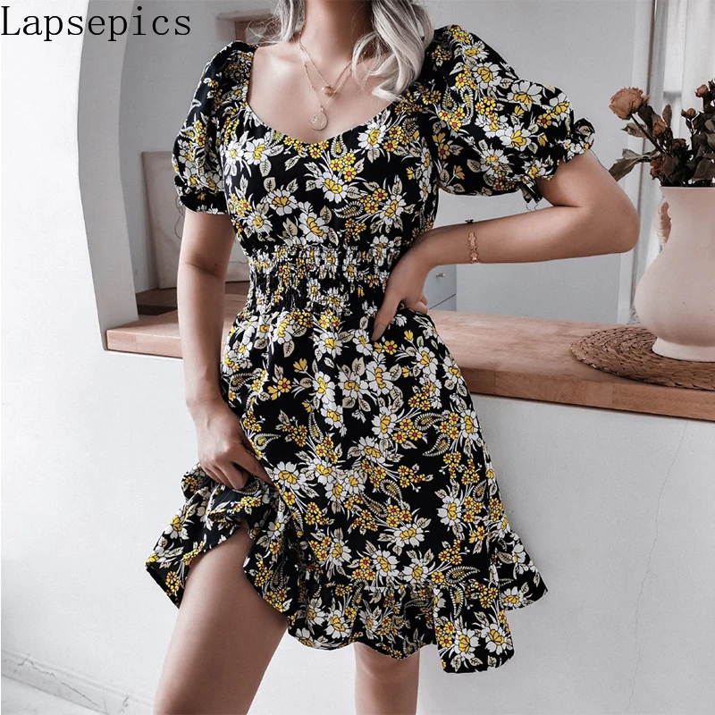 

Casual Short Sleeve Elastic Waist Boho Beach Dress Women Summer Floral Print Vintage Ruffles Hem Chiffon Midi Dress