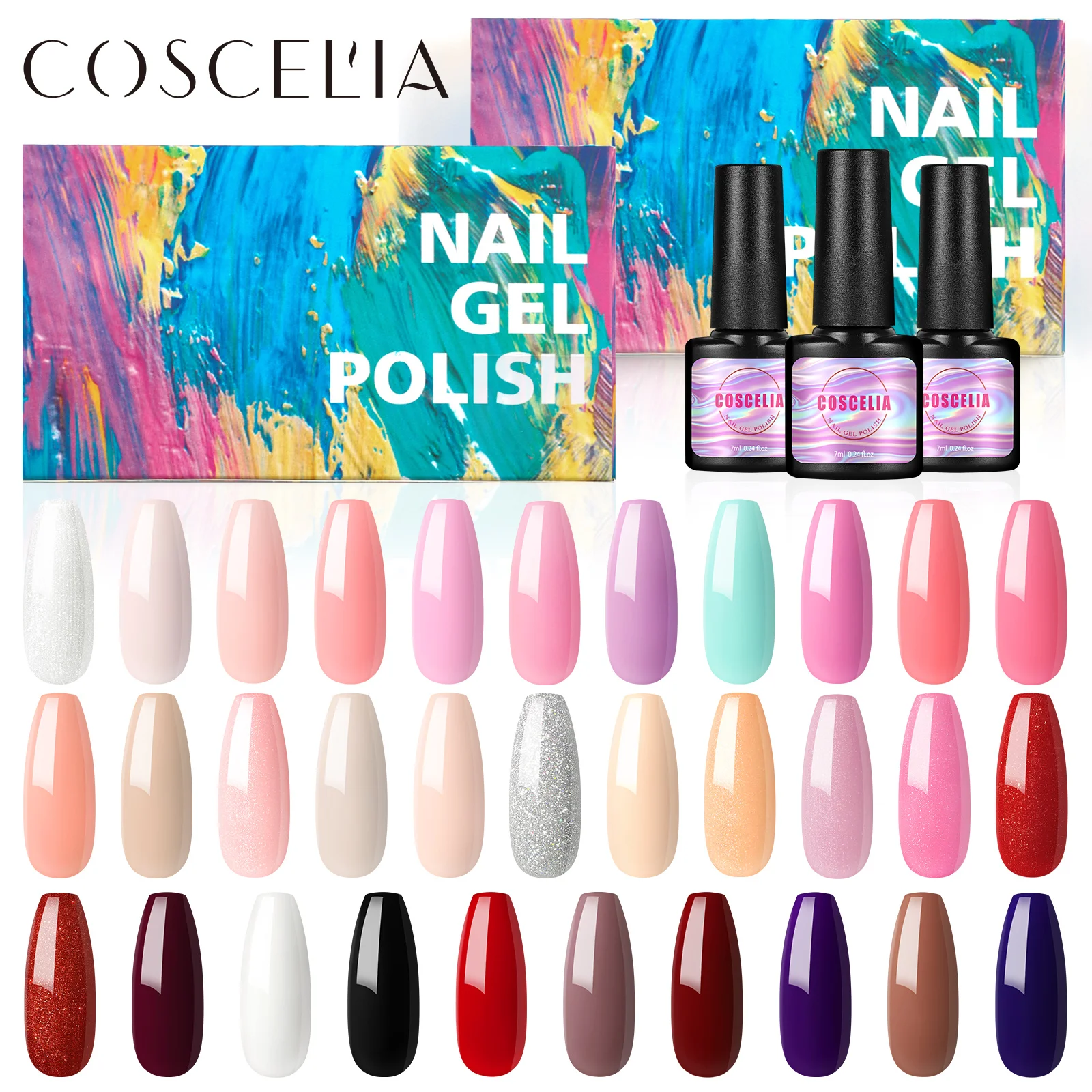 

COSCELIA 20/30/32Pcs Nail Polish Set 7ml Gel Glitter Semi Permanent Hybrid Gel Varnish Base Top Coat Soak Off UV LED Nail Art