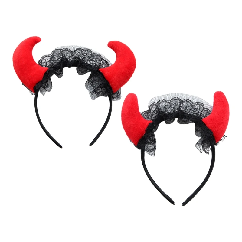 

Повязка на голову Devil ox из красного рога с черными оборками, кружевной обруч для волос, повязка для волос на Хэллоуин, костюм для косплея и ве...