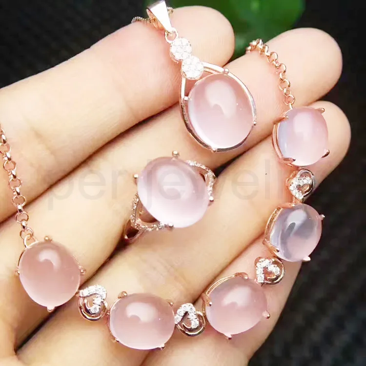 plated rose gold Из Натурального Розового Кварца Набор 925 стерлингового серебра 1 шт. кольцо 1 шт. Подвеска 1 шт. браслет-цепочка 2.4ct* 5 шт. 4.5ct* 2 шт драгоценный камень S8110801 - Цвет камня: plated rose gold