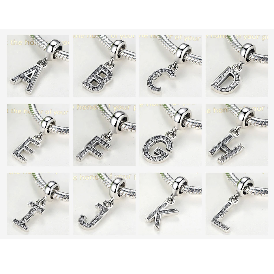 ELESHE Original 925 Sterling Silver Alphabet Bead Crystal A-Z letter Pendant Charms Fit Bracelets DIY Jewelry Christmas Gift | Украшения и