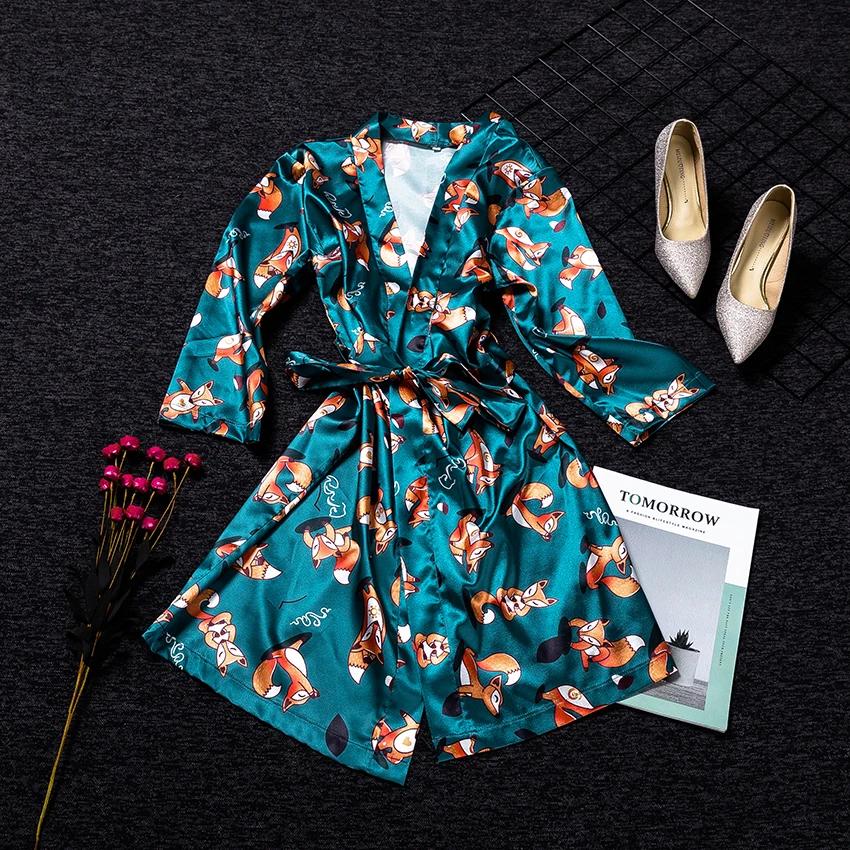 Пижама женская с принтом в виде лисы поясом и рукавом три четверти | Женская