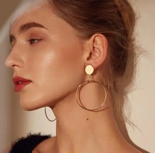 

Simple fashion gold color Silver plated geometric big round earrings for women fashion big hollow drop earrings jewelry
