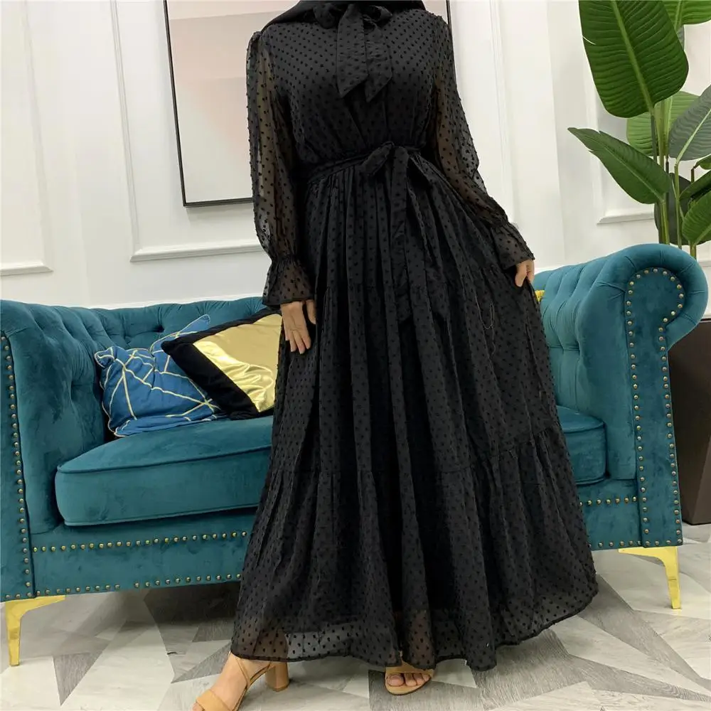 

Pompoms Tiered Maxi Dress Women Long Sleeve Bowknot Tie Neck Lined Long Maxi Dress Muslim Islamic Modest Hijab Robe Abaya Dubai