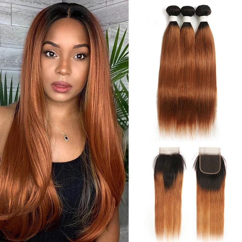 

Прямые пряди человеческих волос с застежкой 4x4, Коричневые Бразильские Волосы Омбре, пупряди с кружевной застежкой для женщин, хорошие воло...