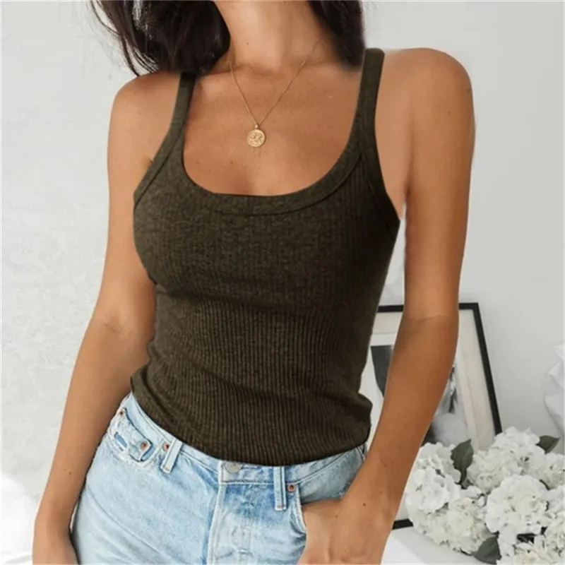 

Top Women Off Shoulder Ribbed Black Sexy Tank Top O Neck Knit Tee Top Sleeveless Solid 2021 Summer T Shirts For Women