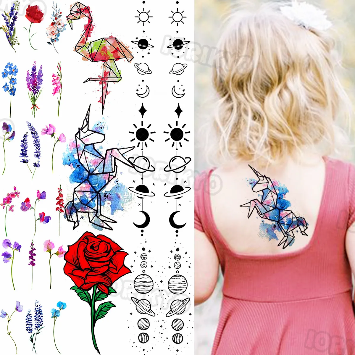 

Watercolor Unicorn Temporary Tattoos For Kids Girls Realistic Flamingo Flower Lavender Fake Tattoo Sticker Back Body Tatoos DIY