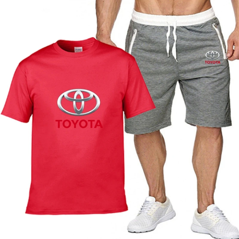 

Комплект спортивный мужской из 2 предметов, хлопок, футболка и шорты, короткий комплект для TOYOTA, с принтом логотипа автомобиля, летняя брендо...