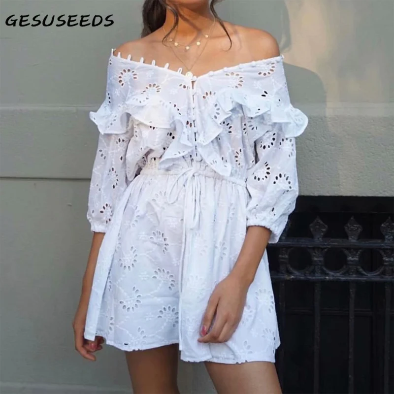 

Summer dress 2021 puff sleeve dresses sexy mini dress women vintage embroidered dresses ruffle hollow out A line dress white