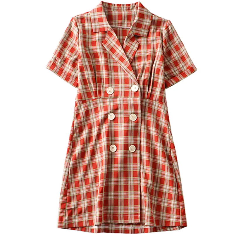 

French Retro Girl Double Breasted Plaid Waist Tight Tailored Collar Dress Summer Small Age-Reducing A- line Zhixun Dress