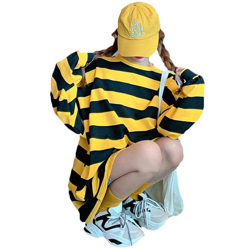 

2021 New Spring Autumn Loose Mid-length Large Striped Long-sleeved T-shirt Women Sweatshirts 32A