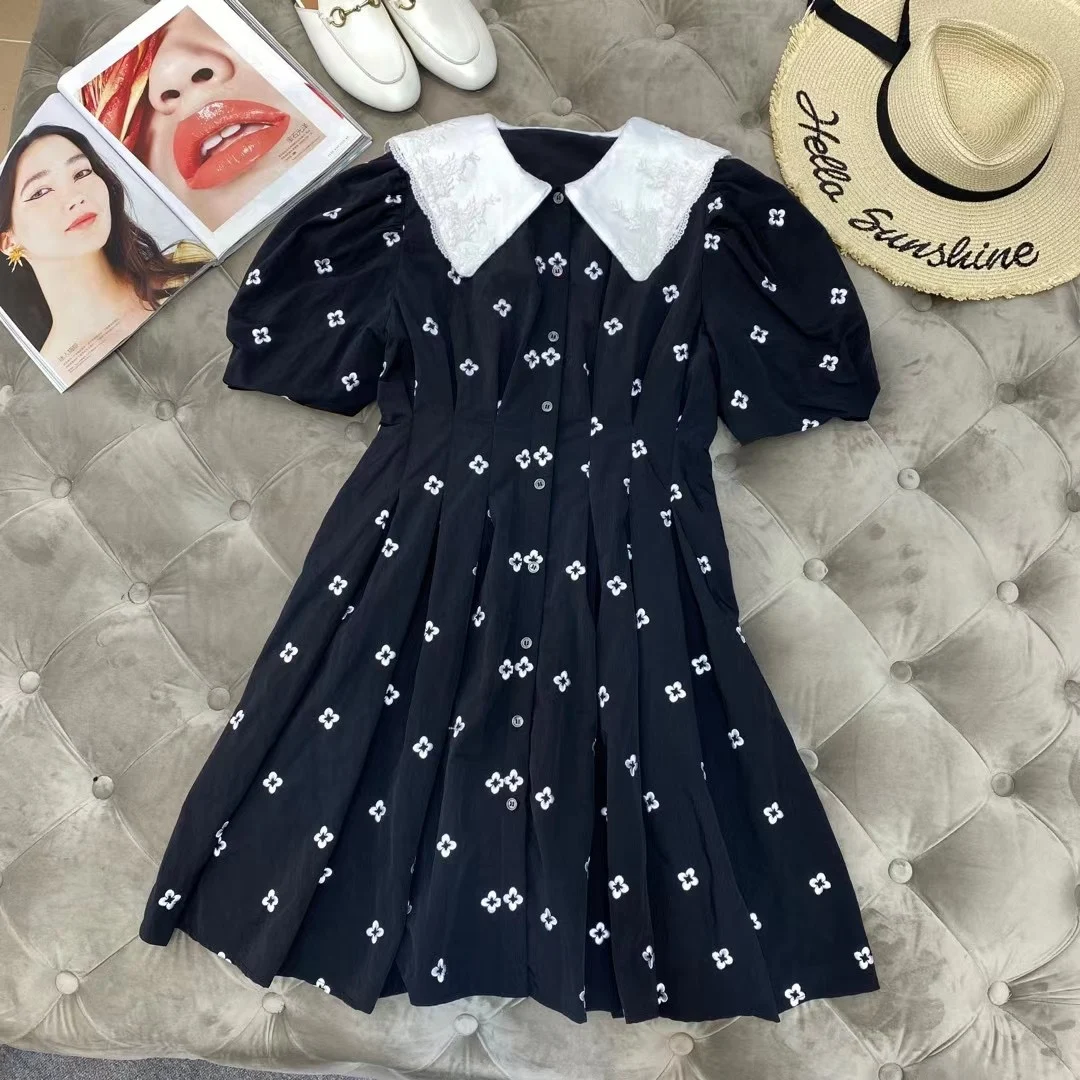 

New Ladies Fashion 2021 Short Sleeve Contrast Lapel Embroidered Small Flower Dress 0311