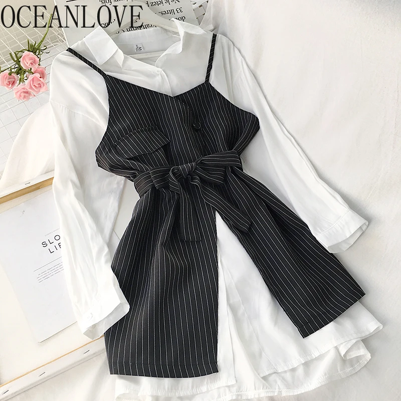 Одежда для женщин OCEANLOVE из двух частей с полосками, корейского стиля, весна 2020, с неправильным кроем, новинка в моде рабочих платьев, с бантом на пуговице 14370.