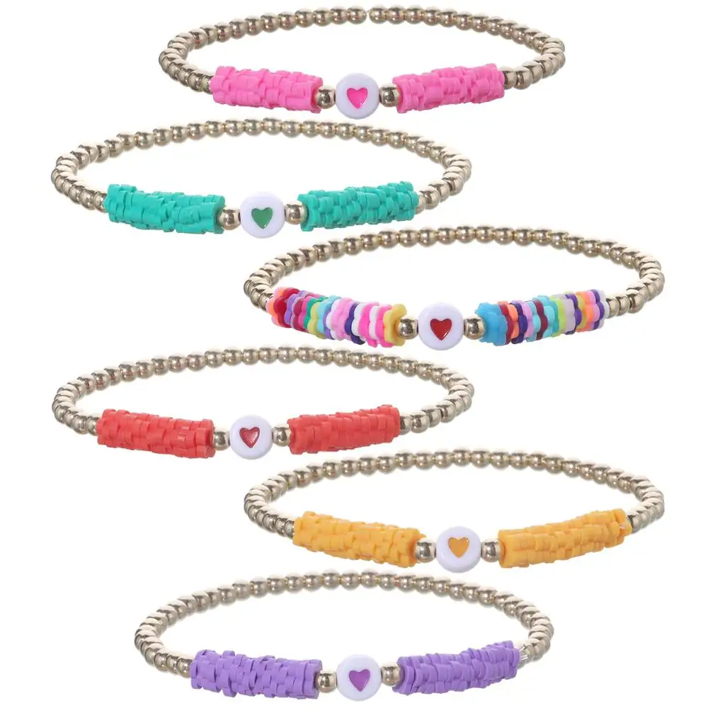 

6 Pieces Golden Beads Chain Bracelet Charmed Ceramic Flowers Heart Wrist Ankle Jewelry Boho