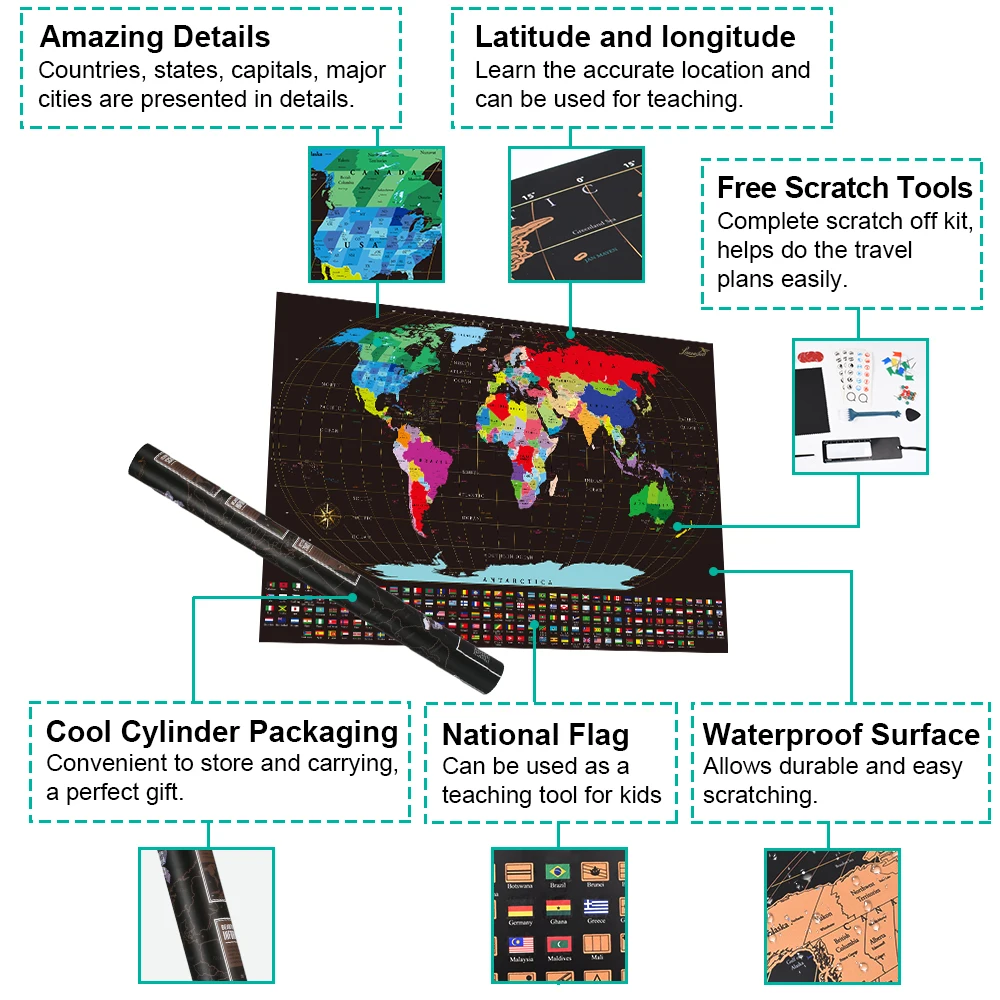 Большой Размеры Сотрите Дорожная карта стены Стикеры плакат яркие Цвета