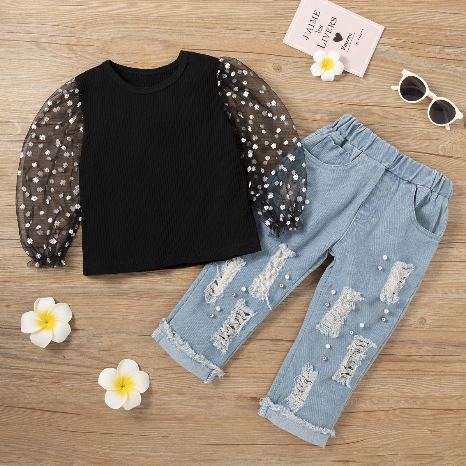 Женский джинсовый комплект одежды Ma &amp Baby сетчатый топ с длинным рукавом и