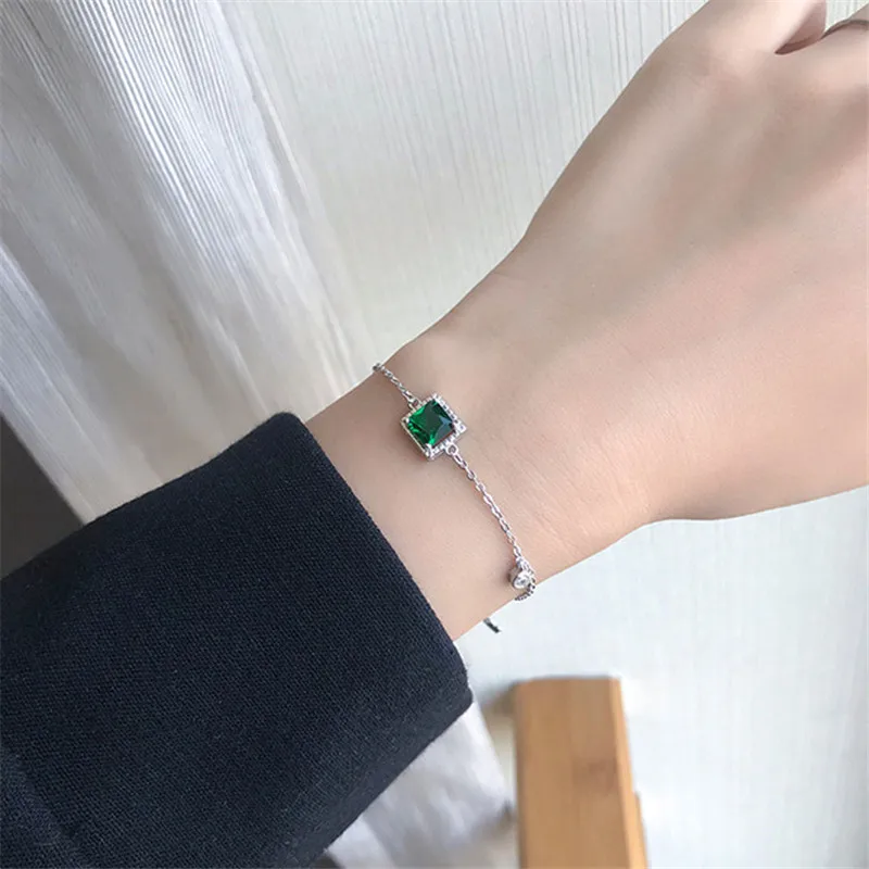 

POFUNUO 925 Sterling Silver Women AAA Green Zircon Luxury Bracelet Cute Simple Link Chain Sister Friends Lovers Gift Bracelets
