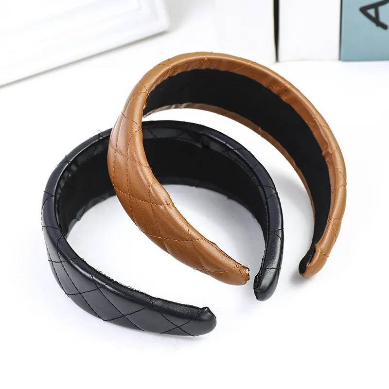 

SHUANGR Korean Wide Side Hairband Casual PU Artificial Leather Headband Simple Classic Turban Solid Glossy Hair Accessories