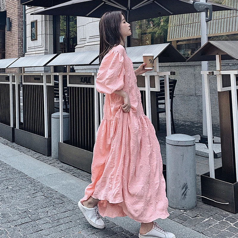 

2021 Elegant Series Spring Summer Fashion Short Lantern Sleeve A-line Long Pink Dress Korean Office High Quality Women Clothing