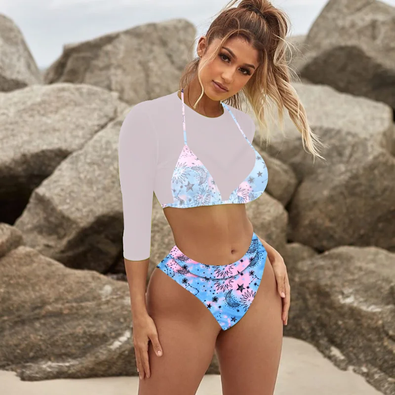 

Women Three Piece Swimsuit Sexy Low-waist Solid Color Printed Push Up Bikini Sets Swimwear Female Beachwear Backless Bath Suit