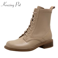 krazing pot cow leather round toe lace up modern chelsea boots keep warm med heel sweet street wear beauty lady ankle boots l00