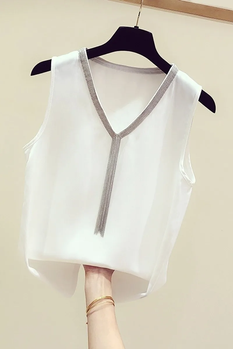 

Summer Sleeveless Blouse Women New Korean Style Elegant Tassel Chain Stitching V-neck Sleeveless Vest Shirt All-match Top Blusas