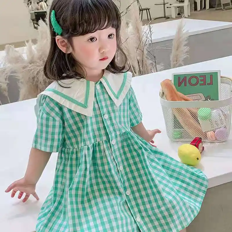 

Kids clothes Summer new children's fashion Turn-down Collar loose dress girls simple fresh Plaid Dress 2-9yrs baby girls dresses