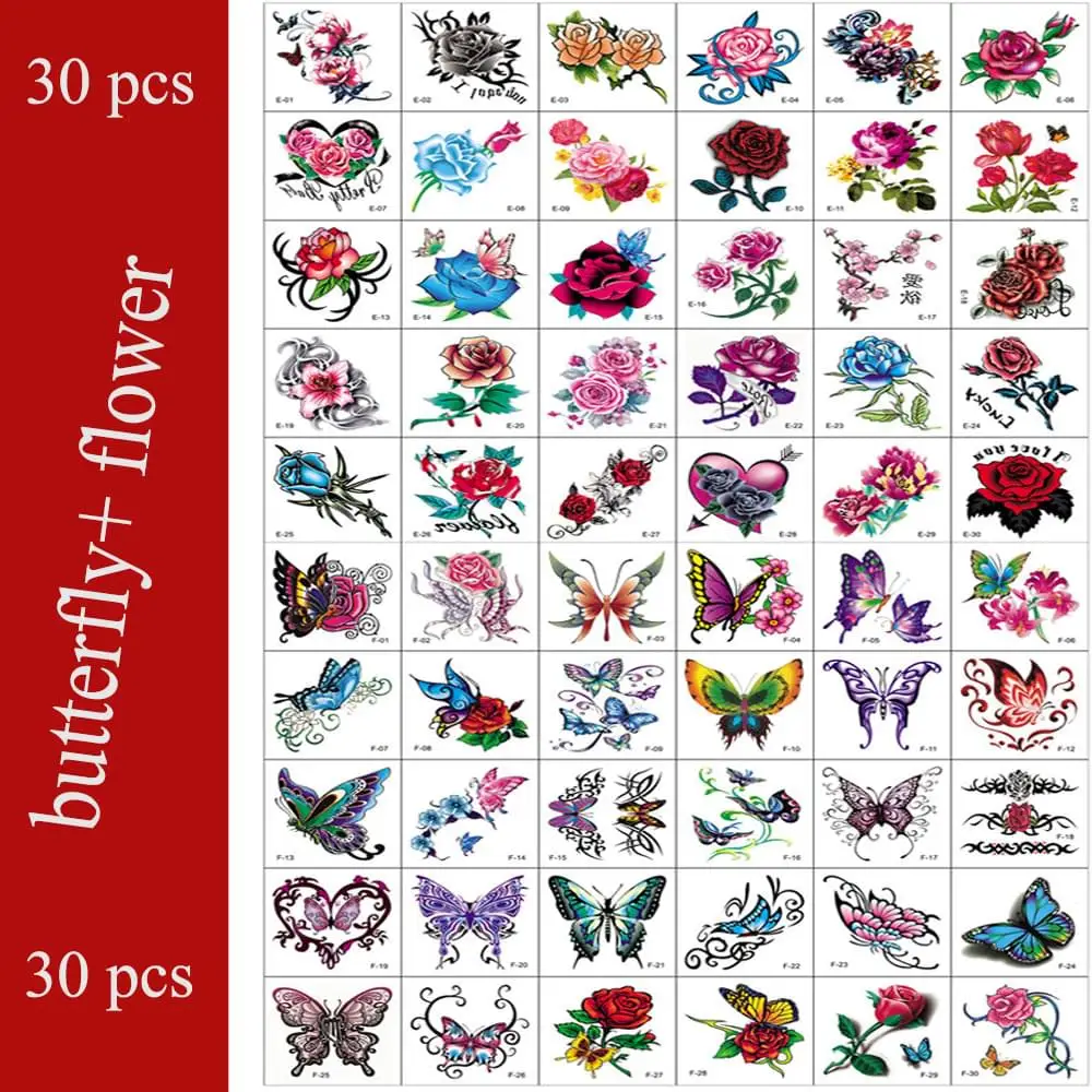 Тату-наклейки с цветами и бабочками 30 шт. | Красота здоровье