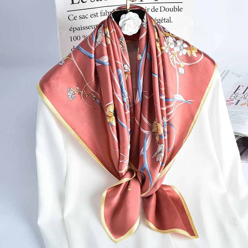 

Women 2021 Square Silk Scarves Printed Wrap 100% Hangzhou Real Silk Bandana Foulard Femme Kerchief 14mmSilk Square Scarf 88*88cm