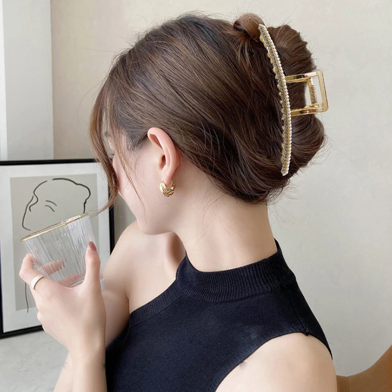 

Alloy Geometric Rhinestone Pearl Hair Clips Alloy Barrettes Women Big Size Makeup Styling Clips Geometric Pearls Metal Hair Claw