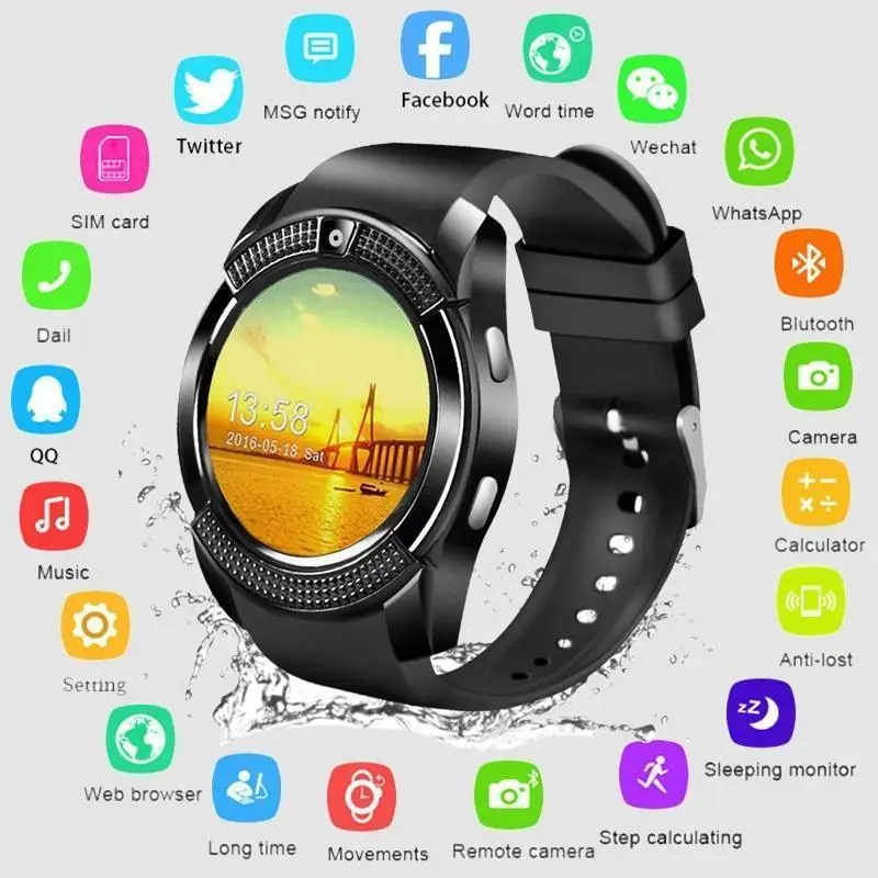 

2021 V8 Smartwatch Men Women Sport Waterproof Pedometer Smart Watch With Sim Card Android Connect Whatsapp Twitter Facebook Sync