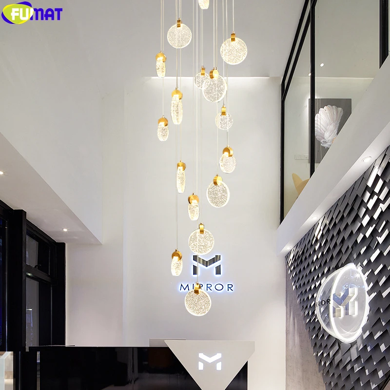 barato Fumat Moedas De Ouro Dinheiro Vacas Chandeies Grande Longo Altura Luz Teto Bolhas Cristal Espiral Gota Da Escada Chuva Villa Luxo Moderno