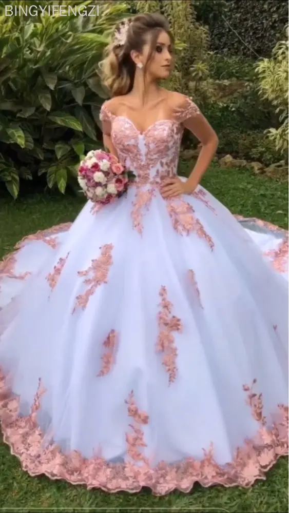 

White and Pink Lace Appliques Luxury Ball Gown Wedding Dresses Off The Shoulder Bride Dresses Dresses Length Sleeve Style Train