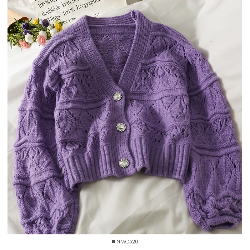 

Kimutomo Autumn Cardigans Women Hollow Out Three Buttons V-neck Single-breasted Top Short Puff Sleeve Sweater Knitwear Trend