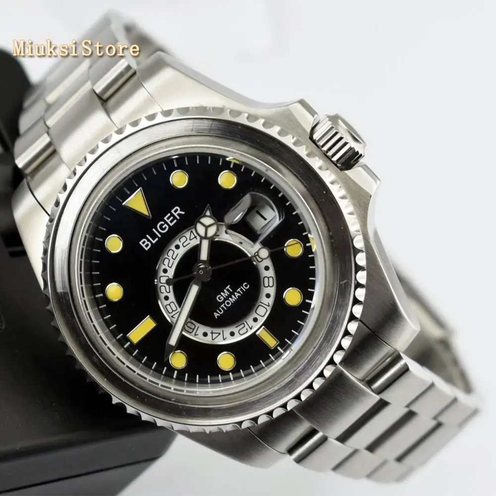 Bliger 43 мм черный циферблат светящиеся знаки сапфировое стекло керамический